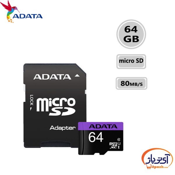 کارت حافظه‌ میکرو مدل Adata Premier microSDHC ظرفیت 64 گیگابایت ای دیتا سرعت 80MBps به همراه با آداپتور SD
