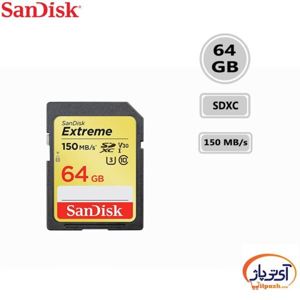 کارت حافظه SDXC U3 ظرفیت 64 گیگابایت سن دیسک سرعت 150MB/s